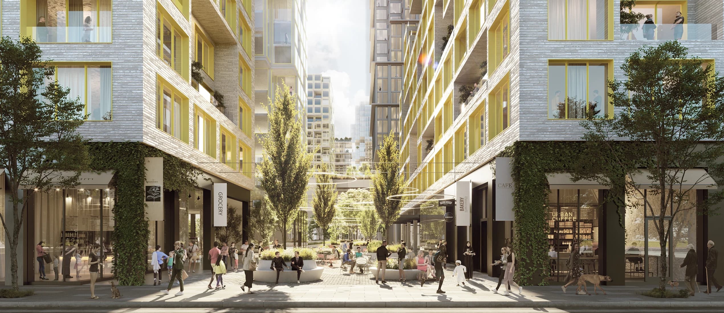 rendering of public space with people sitting at tables drinking coffee. Other people are walking by retail stores.